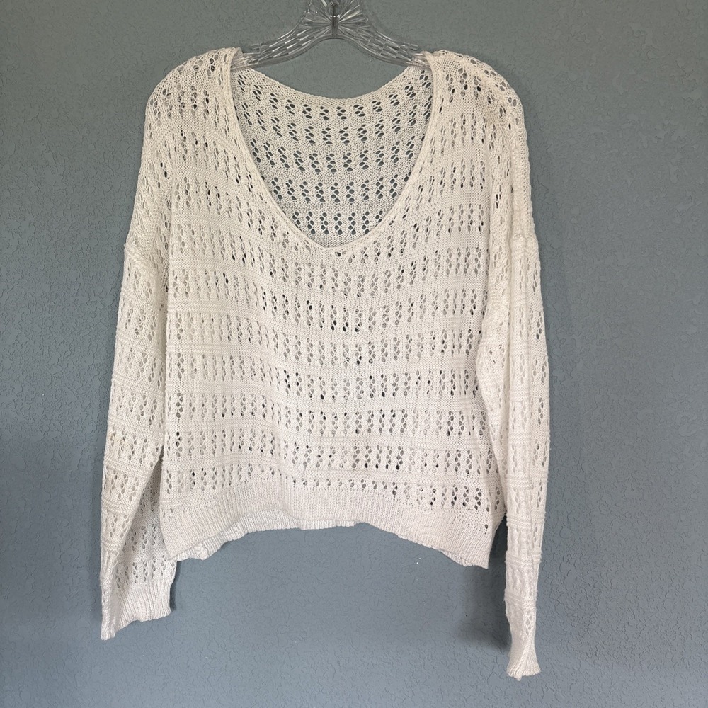 White Crochet Long Sleeve Open Knit Top Cropped Swim Cover Up Mesh Festival